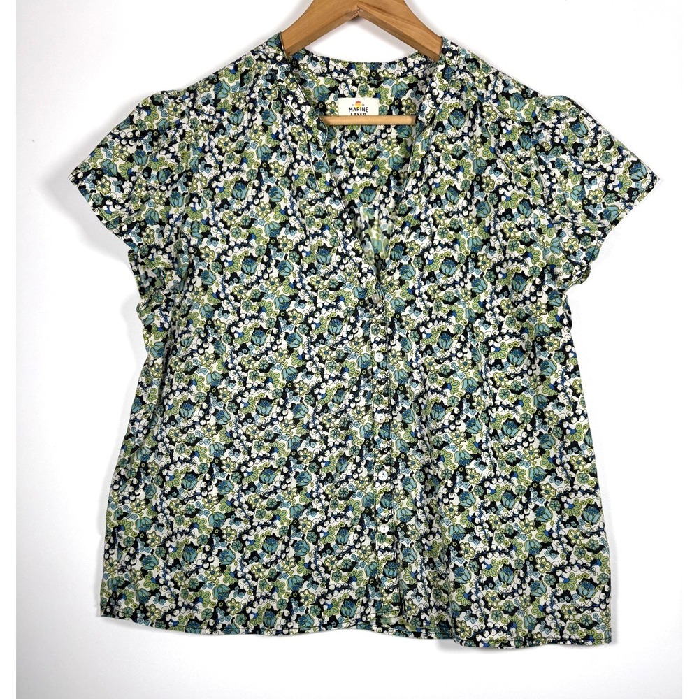 Marine Layer Blouse Womens XL Blue Green Floral Short Sleeve Button Front TOp